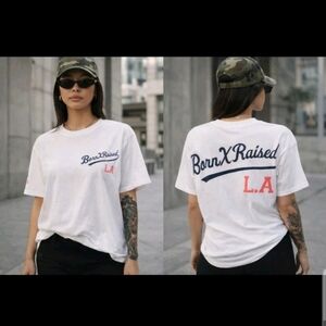 BornXRaised LA White Graphic Streetwear Cropped Dodgers LA style Urban Tee L